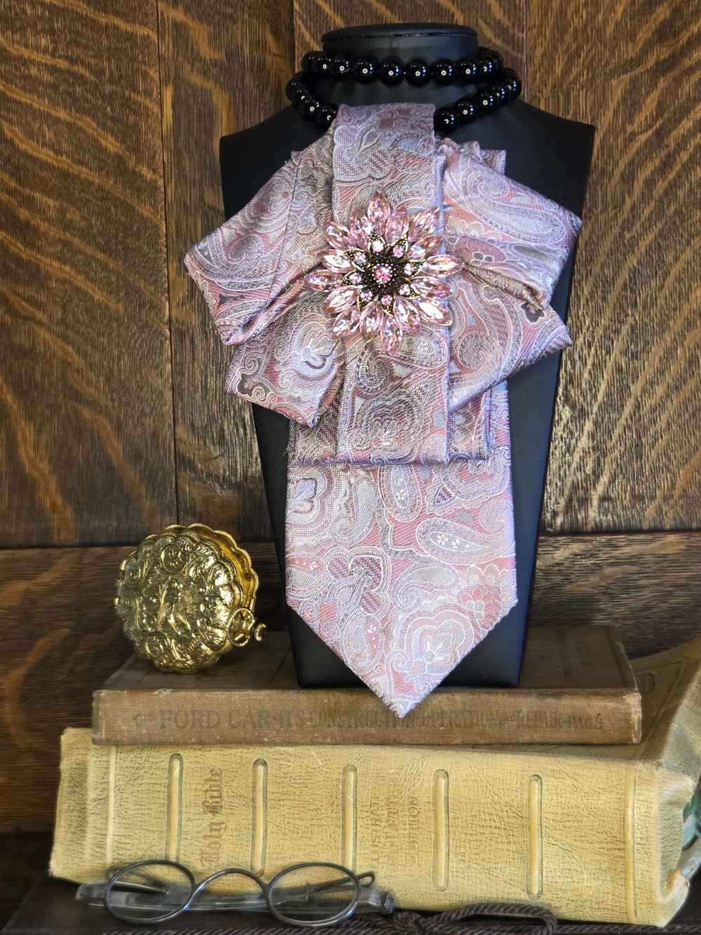 Elegant Pink Paisley Ladies Neck Tie with Floral Brooch by